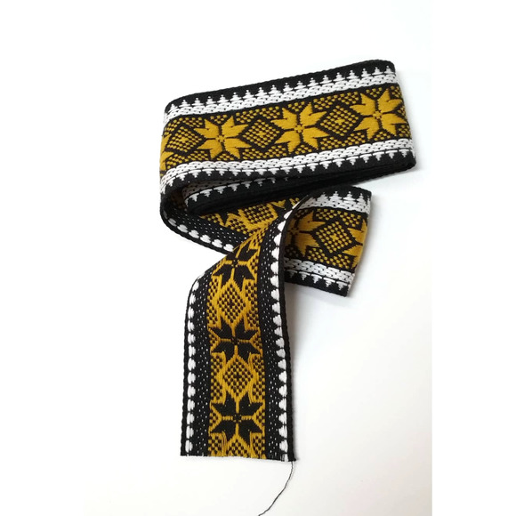 Vintage 70s Floral Jacquard Trim 2" Wide, Boho Black White Brown Gold Woven Trim - Picture 2 of 5